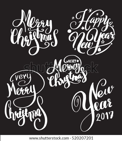 Vector set of holidays lettering and ornamental elements. Merry Christmas and Happy New Year text lettering for invitation and greeting card, prints and posters. Hand drawn calligraphic design