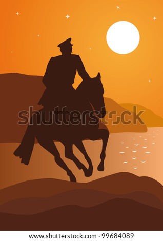 Don Cossack riding a horse in the night landscape with the river and the mountains.