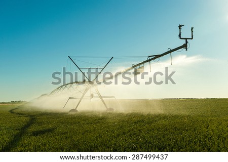 expelling water irrigation backlit on green field