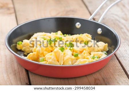 Scrambled egg in a frying pan.