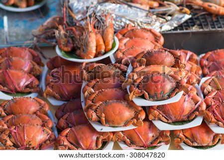 Crab steam in seafood market. Selective focus.