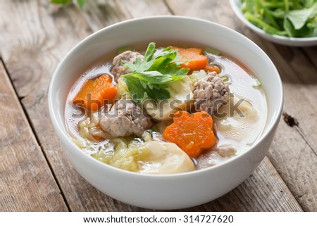 Clear Soup with Vegetables and Meatballs.