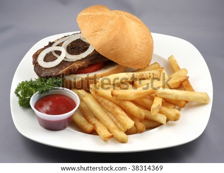 burger and fries with tomato ketchup in a plate