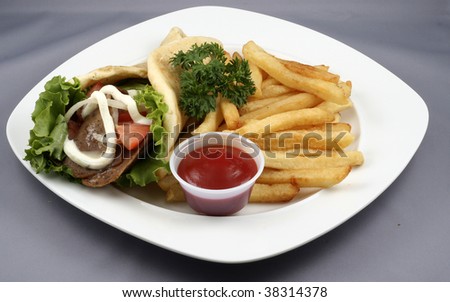 wrap and fries with tomato ketchup in a plate