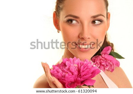 beautiful young woman with pink flower isolated on white