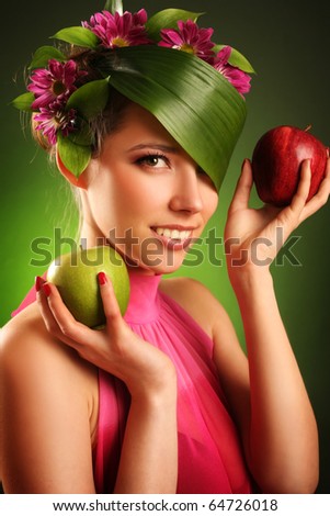 beautiful spring-woman with two apples