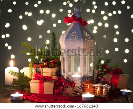 white lantern and hristmas decoration