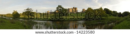 Panoramic view of Alnwick Castle, England\'s second largest inhabited castle. Home of the Percy\'s, Earls, Dukes of Northumberland since 1309.