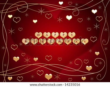 stock photo : 3d golden hearts, red letters, text - happy birthday, flowers