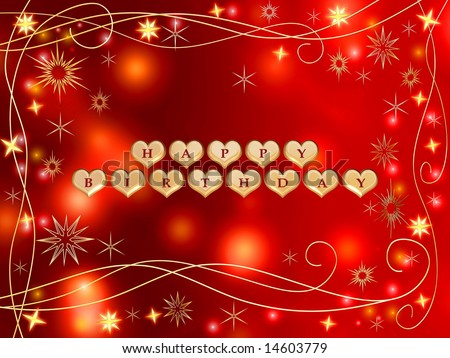 stock photo : 3d golden hearts, red letters, text - happy birthday, stars