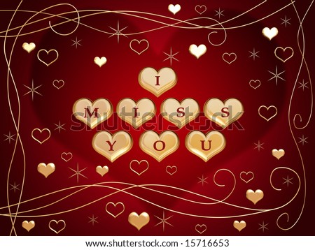 stock photo : 3d golden hearts, red letters, text - I miss you,