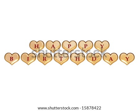 stock photo : 3d golden hearts, red letters, text - happy birthday, isolated