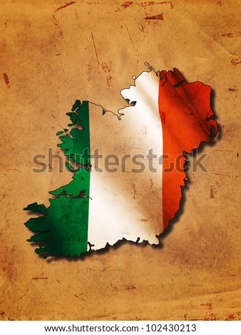 Ireland map with flag over old paper