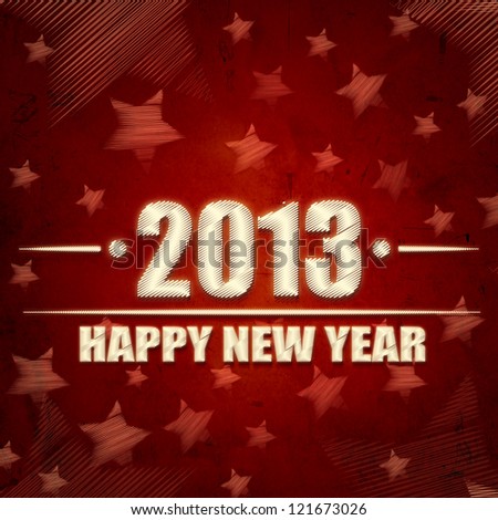 abstract red background with text Happy New Year 2013 and illustrated striped stars, retro style card