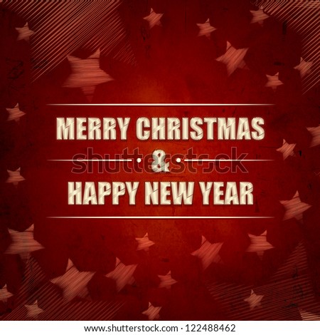 abstract red background with text Merry Christmas and Happy New Year and striped stars, retro style card