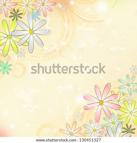 vintage background with multicolored flowers and circles over beige old paper with text space, diagonally