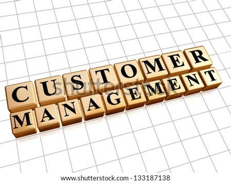 customer management - text in 3d golden cubes with black letters, business CRM concept