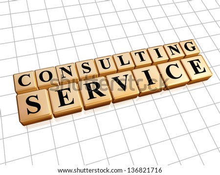 consulting service - text in 3d golden cubes with black letters, business support concept
