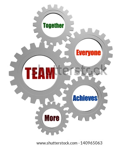 team - together, everyone, achieves, more - business concept words in 3d silver grey gearwheels