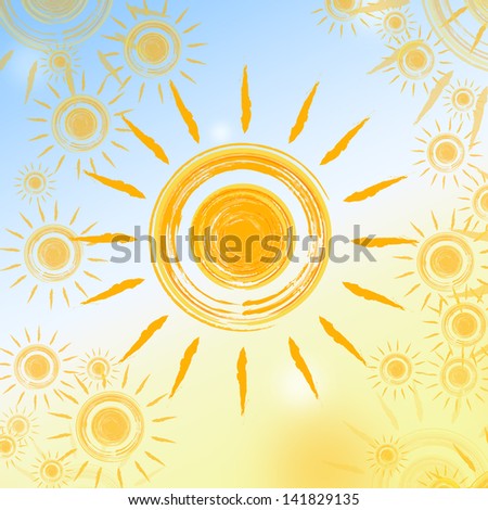 abstract summer background with drawn yellow suns over blue sky