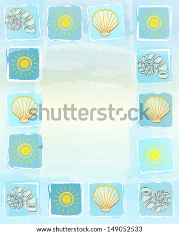 abstract blue frame summer background with drawn yellow suns, shells and scallops in squares