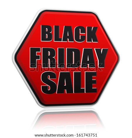 black friday sale button - 3d red hexagon banner with black text, business holiday concept