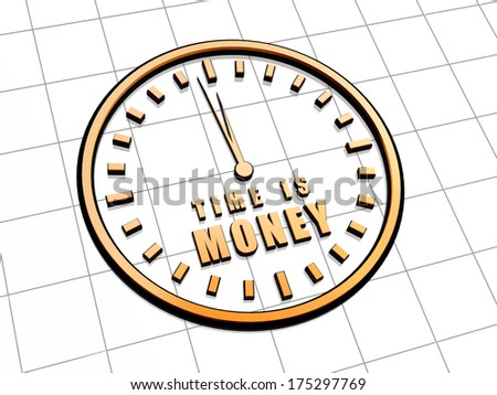 time is money with clock - 3d golden metal text and sign, business concept words