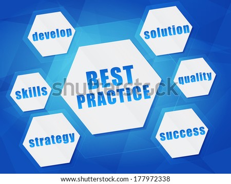 best practice and business concept words in hexagons over blue background, flat design