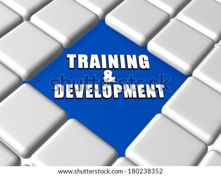 training and development - 3d white text over blue between grey boxes keyboard, business education concept