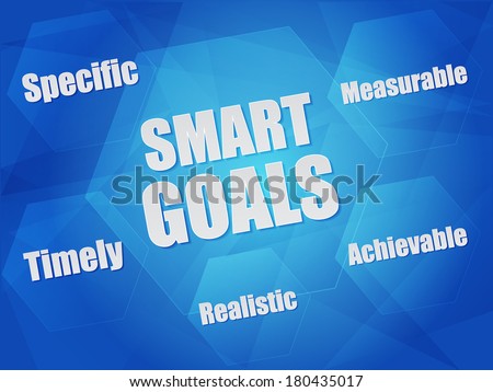 smart goals - specific, measurable, achievable, realistic, timely - concept words in hexagons over blue background, flat design