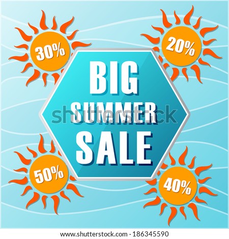 big summer sale text in blue hexagon and 20, 30, 40, 50 percentages off in orange suns, flat design label, business seasonal shopping concept banner