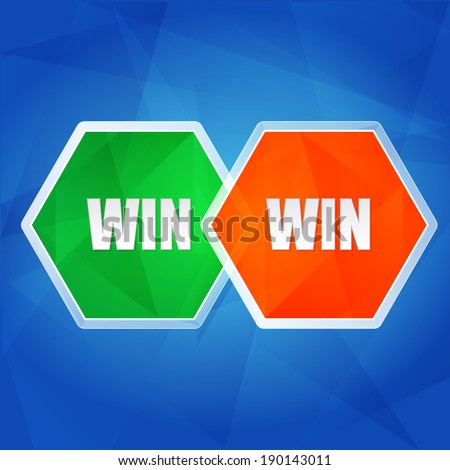 win win - business success teamwork concept words in color hexagons over blue background, flat design