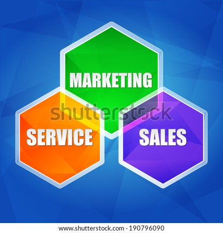 service, marketing, sales - business concept words in color hexagons over blue background, flat design