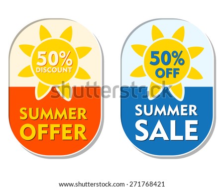 summer offer and sale 50 percent off discount text banners, two elliptic flat design labels with sun signs, business seasonal shopping concept