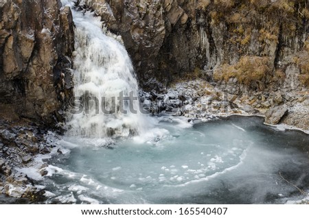 Snowing on a waterfall in Vatnajokull National Park, Iceland