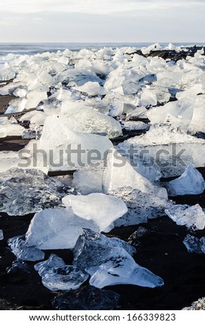 Ice blocks on a black sand beach near Jokulsarlon, Iceland