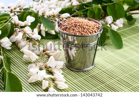 ripe harvest lies in a metal bucket, against the background of a flowering branch is