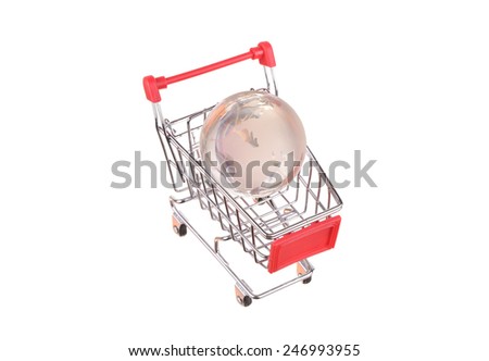 Steel wire shopping baskets and shopping cart in front of globe, isolated on a white background. Elements of this image furnished