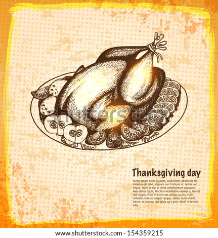 Roast turkey for holiday dinner in a sketch style. Hand-drawn card for Thanksgiving day. Vector illustration.