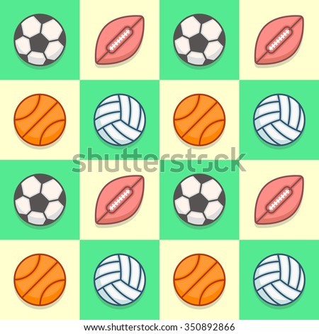 Soccer ball, American football ball, volleyball ball, basketball ball. Vector sports objects, colorful art