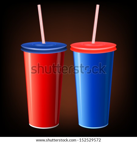two vector blue and red paper cup cola with plastic straw soft packaging drink soda fast food