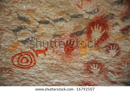 stock photo : Ancient Aboriginal Art: hand prints, animal herds, spiral