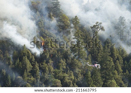 Fire fighting helicopter surveys Lodge Fire, Northern California, August 2014