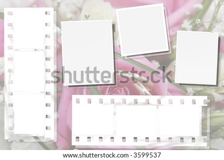 wedding frame with pink rose, 2 golden rings and film strip