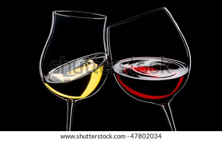 red and white wine glasses, isolated over black