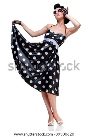 young beautiful caucasian woman posing, isolated over white, retro styling