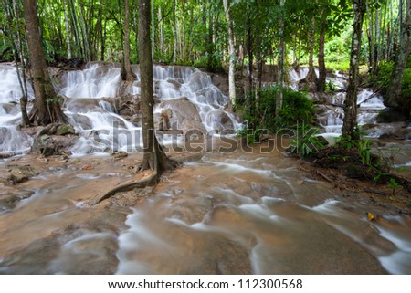 The beautiful  Phasawan waterfall in rain season located in deep rain forest jungle at Kanchanaburi , Thailand