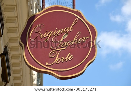 VIENNA, AUSTRIA - JUN 23, 2013: Sachertorte logo. Sacher cake is a specific type of chocolate cake, or torte, invented by Austrian Franz Sacher in 1832 for Prince von Metternich in Vienna, Austria.