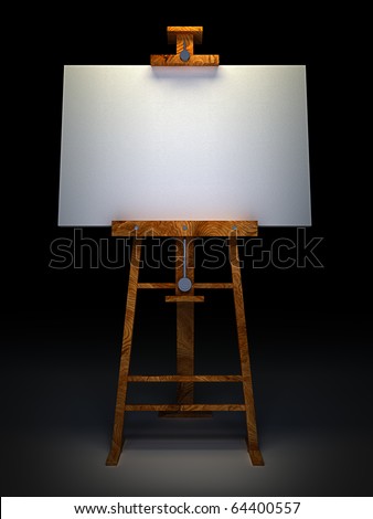 Wooden easel with blank canvas isolated on black 3D render - stock 