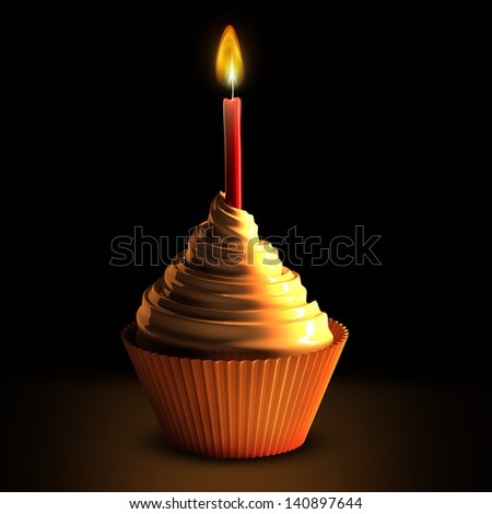 Cupcake with candle isolated on black background. High resolution 3d